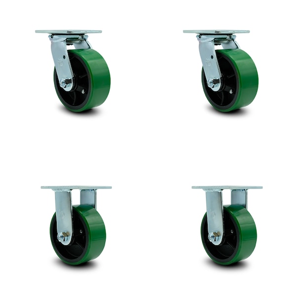 5 Inch Green Poly on Cast Iron Caster Set with Ball Bearings 2 Swivel 2 Rigid